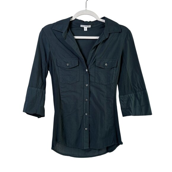 James Perse Tops - Standard James Perse Top Women M 2 Blue Green Ribbed Surplus Shirt 3/4 Sleeve